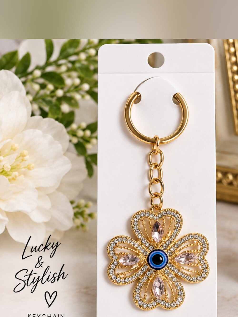 Rhinestone Four Leaf Clover Evil Eye Keychain Purse Charm – Gold Tone